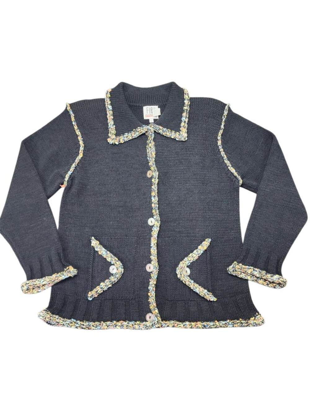 Vintage Fia Italia Knit Cardigan Sweater Size Large Black Button Up Chunky 90's